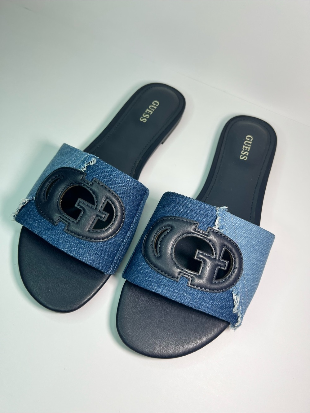GUESS Denim Logo Slide Sandals in Blue and Black